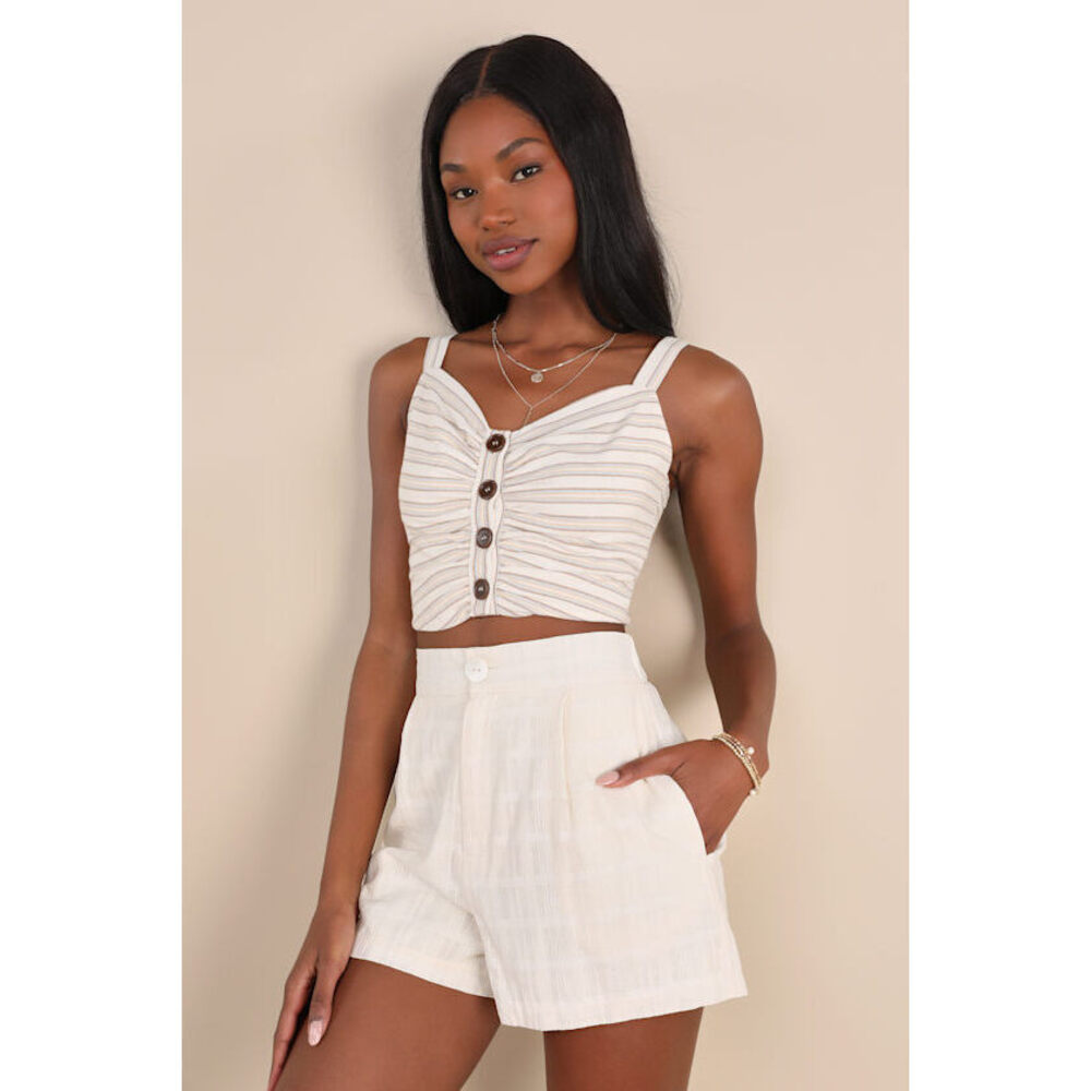 Lulus Breezy Composure Ivory Textured High-rise Shorts White - Size XL